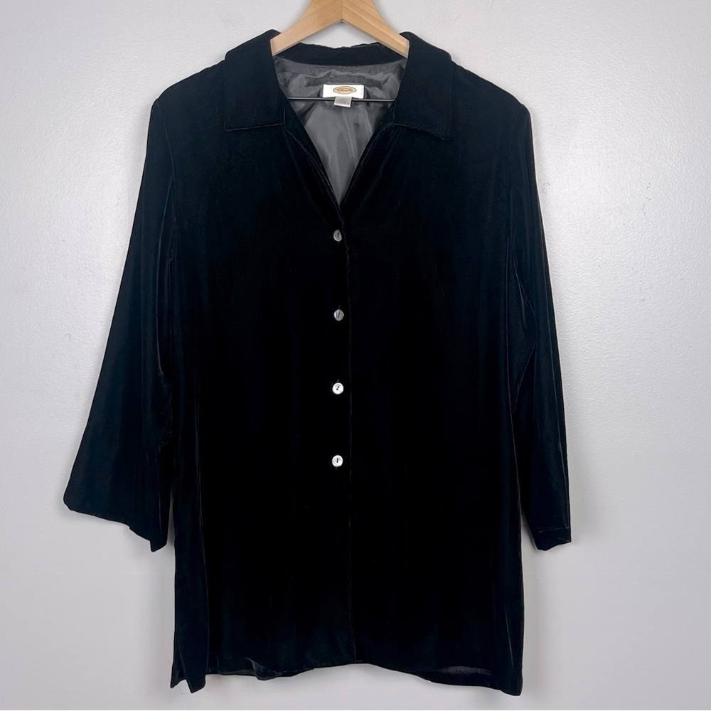 Talbots black velvet 3/4 sleeve button front blouse top, size 16.